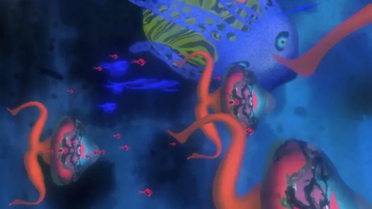 生活在珊瑚礁間的魚蝦水母化身歌手與舞者。（圖片來源：https://www.kff.tw/film/content/4278）