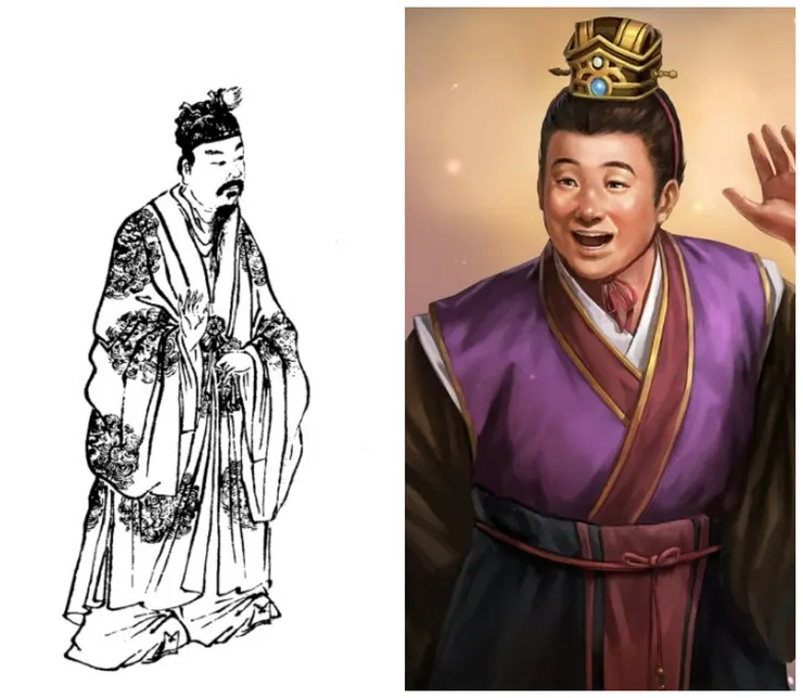 蜀後主劉禪像，左出自清代《全本繡像三國演義》插圖。右出自當代的影視圖像。歷史上對劉禪的評價過於負面，史書並無隻字紀錄，歷史上的圖像也屢遭破壞，於是後世多將其刻畫成昏庸、安於享樂的無能形象。