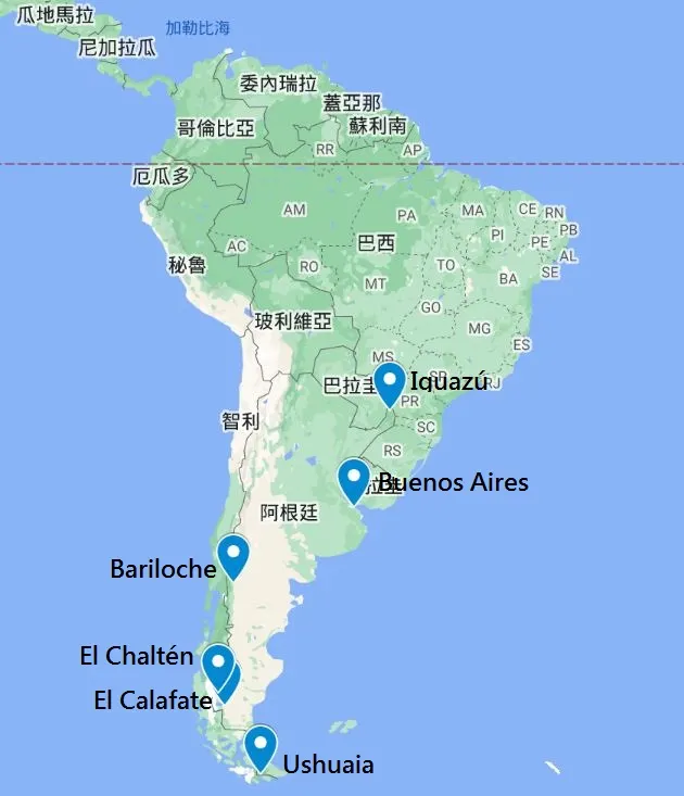 阿根廷的旅遊點。赴南極前，先北上伊瓜蘇瀑布  Iguazú，南極之後的 Bariloche、El Chaltén、El Calafate 及 Ushuaia等地，都在 Patagonia地區。