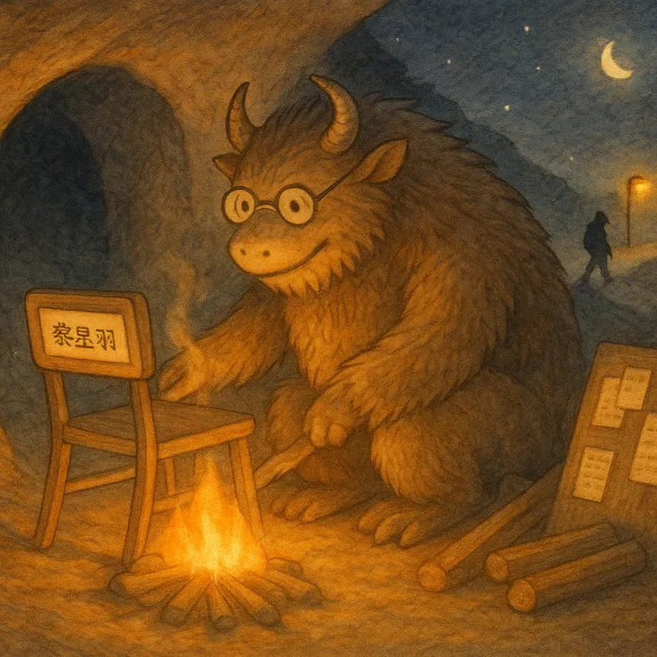 洞口前，巨獸替黎星羽拉了一張寫著名字的椅子，  火光照著木牌，也照著遠處路燈下那道精瘦的剪影——  像是剛從另一個戰場退場、路過山路的夜行旅人。