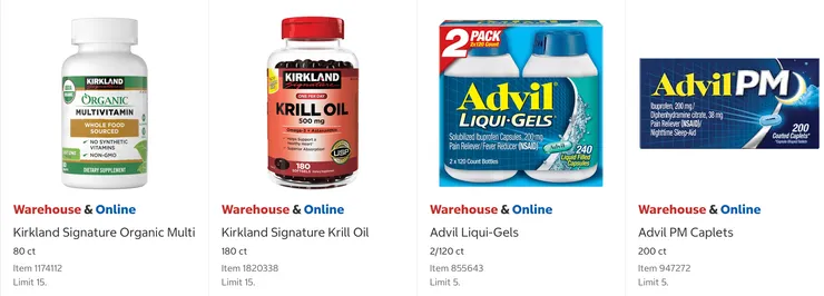 Kirkland有機維他命$22.49、Kirkland磷蝦油 $24.49、Advil止痛藥 $23.49、Advil夜間止痛藥 $23.49。