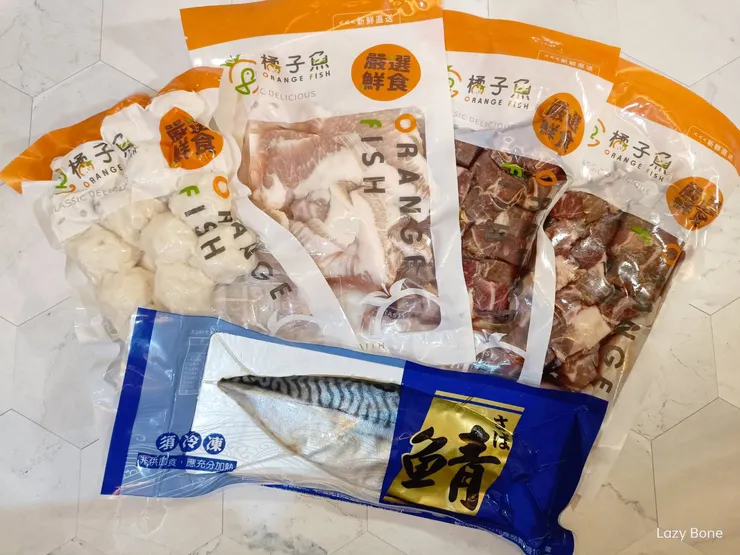 橘子魚鯖魚片、骰子牛、松板豬燒肉片、花枝丸