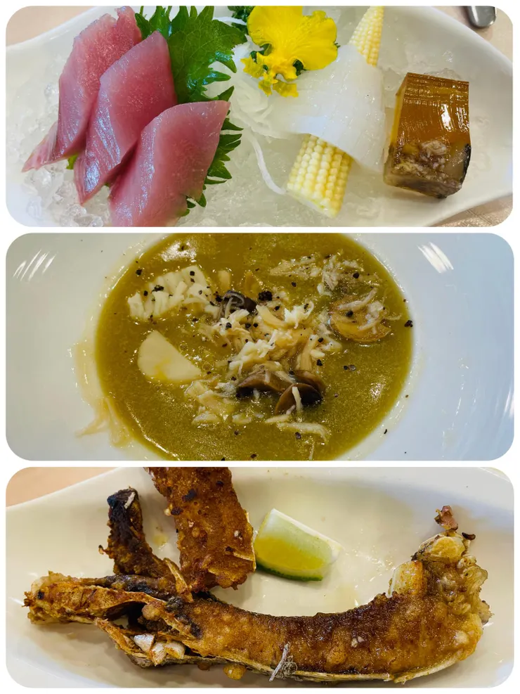 生魚片，蟹肉碗豆湯以及鮪魚排。