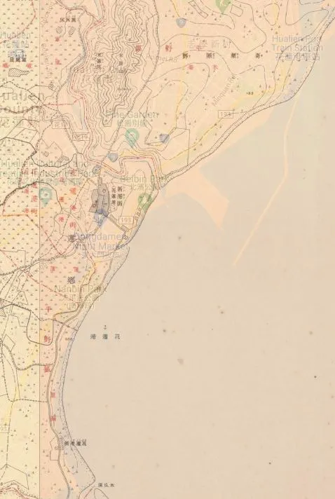 花蓮海岸相當平直、無天然遮蔽物，圖為日治二萬分之一台灣堡圖(大正版)，底圖為Google map 資料來源：中研院台灣百年歷史地圖