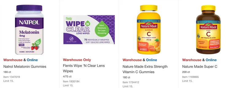 Natrol 退黑激素 $12.47、清潔鏡片單片包裝 $12.47、Nature Made 維他命C $17.49、維他命 C+D3+鋅 $16.49。