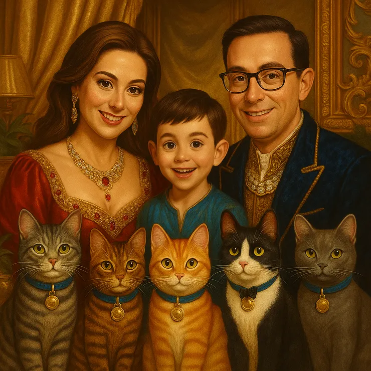 色彩飽和濃重，強烈金色與紅寶石色為主調，突顯奢華氣氛與財力象徵。