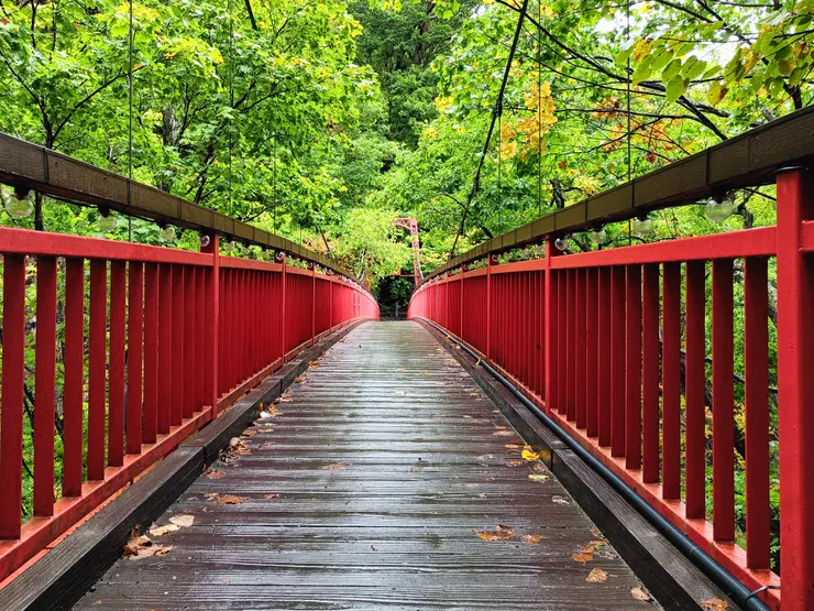 定山溪溫泉中的二見吊橋，可謂萬綠叢中一點紅