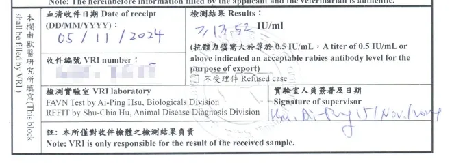 狂犬病血清抗體檢測,獸醫研究所回覆報告內容