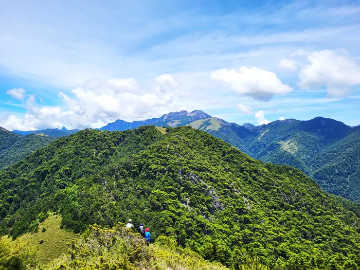 ▲往大南山西鞍營地沿途眺望雪山主峰（中）、雪山北峰（左）