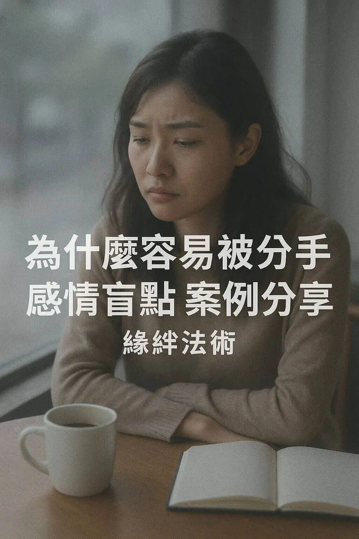 一位亞洲女性獨自坐在咖啡廳窗邊,神情疲憊且充滿困惑,象徵在感情盲點中不斷被分手後的自我懷疑與迷茫。
