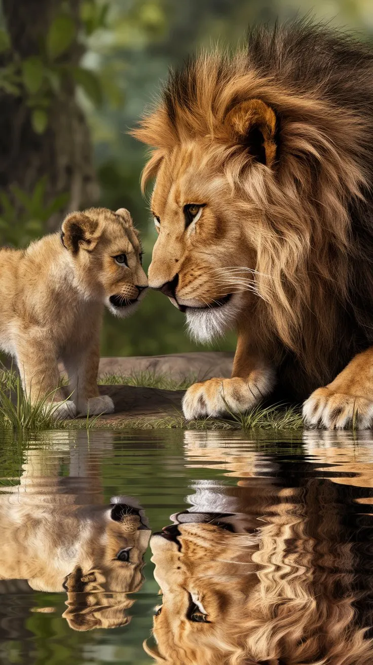 A realistic photo of a young lion looking into a pond of water and seeing its reflection as an adult lion. The lion has beautiful manes. The background is a jungle.