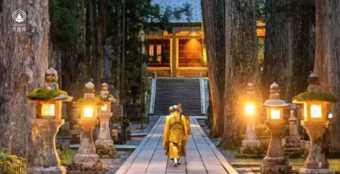 高野山奧之院參道，僧侶沿石燈籠步道靜靜前行