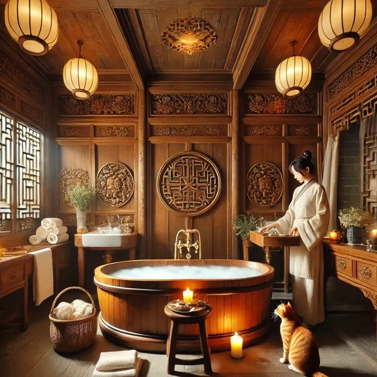 元辰宮中的衛浴空間，有古色古香的雕花木飾與大型的木桶浴池，柑罵小公主在浴池旁好奇的觀看。