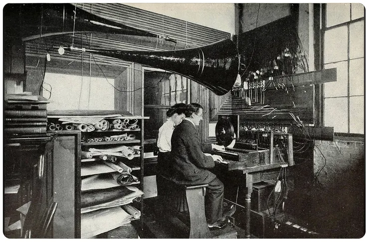 The workshop console of the Telharmonium during its development at the New England Electric Music Company's Cabot Street Music Plant, in Holyoke, 1906. [3078 x 2023]