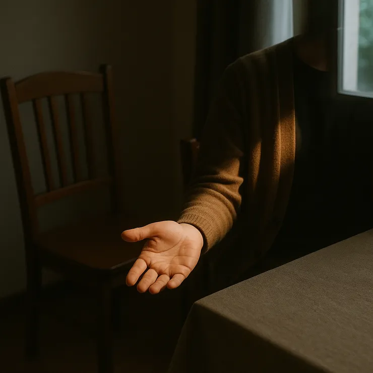 對角兩椅,掌心朝上;窗邊一縫光落在胸前一指處。