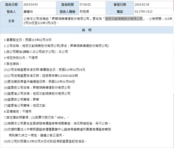 昇華娛樂更名為桂田文創