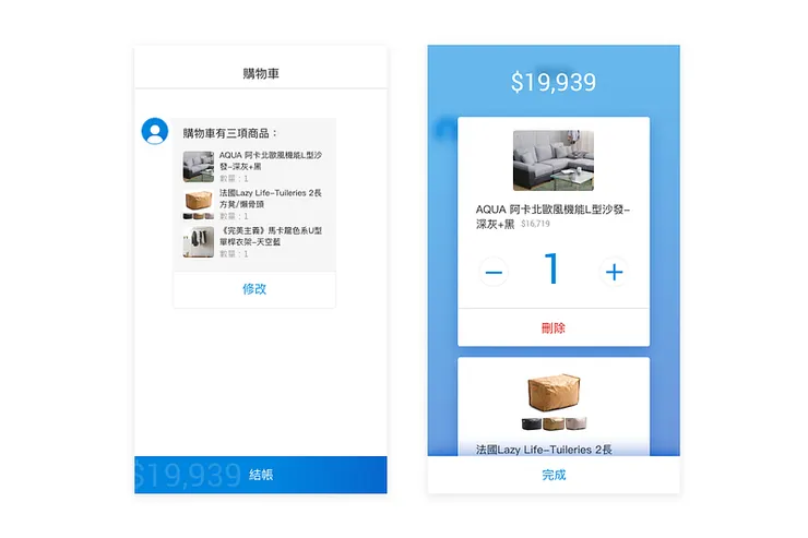 左圖：購物車清單&nbsp;;&nbsp;右圖：編輯購物車