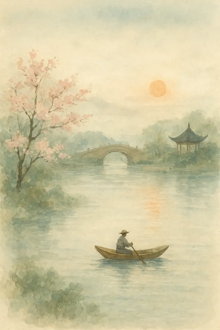 南浦隨花去，回舟路已迷。暗香無覓處，日落畫橋西。