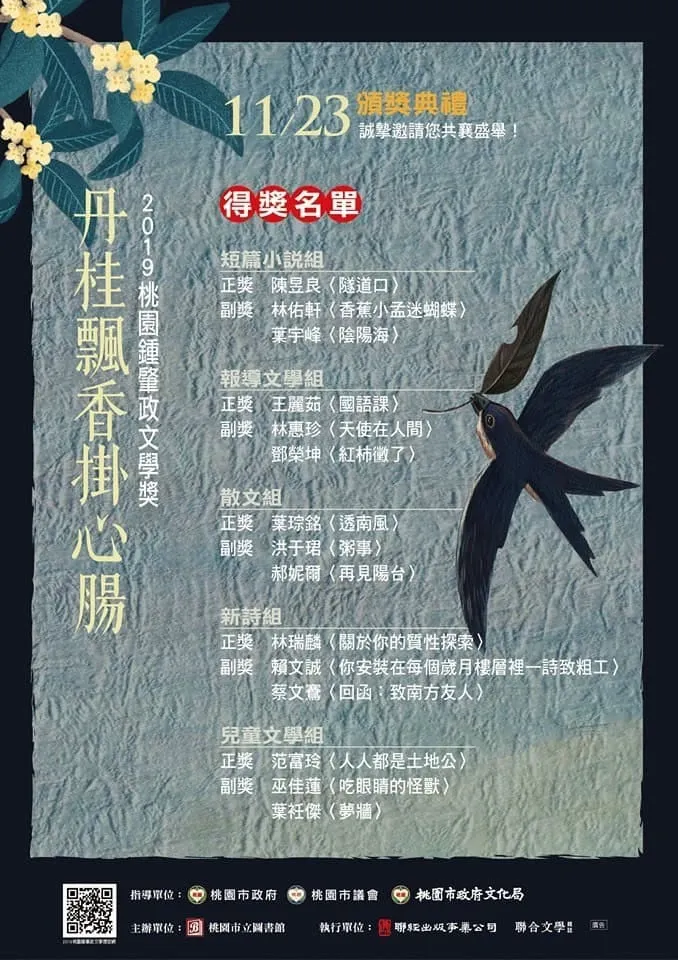 「2019 桃園鍾肇政文學獎」得獎名單