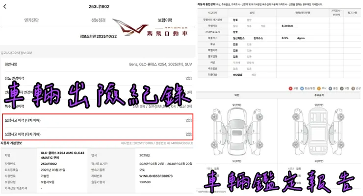 韓規BENZ X254 AMG GLC43 4MATIC Coupe外匯車車況確認、鑑定報告。