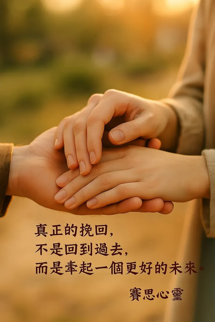 一對分手後復合的情侶，在溫暖的陽光下重新牽起彼此的手，象徵感情挽回成功。