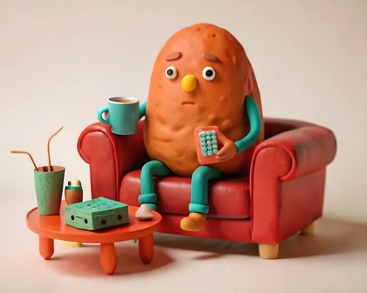 AI繪圖-Recraft：Tired potato with slightly drooping eyes and relaxed mouth, sitting like a human on an old sofa in a simple living room setup. The scene is set in the evening with dim lighting or a blue glow from a vintage TV. The potato is holding a remote control. The room features a coffee table with some snacks and slippers on the floor. The overall color scheme is warm brown and blue tones, creating a cozy atmosphere.調整解析度-Artguru