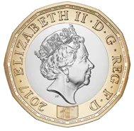 2017年版的1英鎊硬幣，為十二邊形。正面主角為女王伊莉莎白二世 (Queen Elizabeth II)