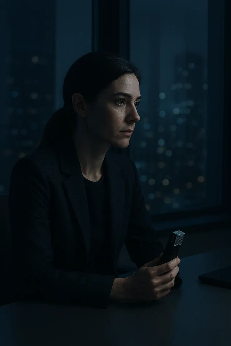 她在無聲的夜裡觀察一切,如同審視一杯尚未入口的酒 – – 透明、冰冷,卻隱藏苦意。〈本章節插圖示意圖由AI協助生成。〉
