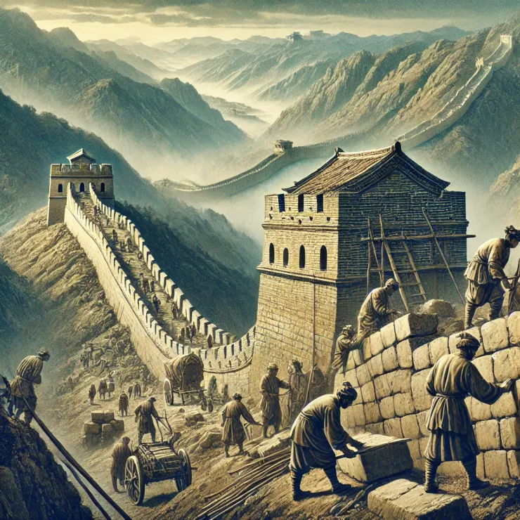 萬里長城修建的場景，展現古代工人在荒野中築牆，背景是崎嶇的山脈和開闊的天空。工人們在惡劣的條件下，使用簡單的工具運輸巨大的石塊和磚頭。這張圖片捕捉了長城建設過程中的艱辛與壯觀。
