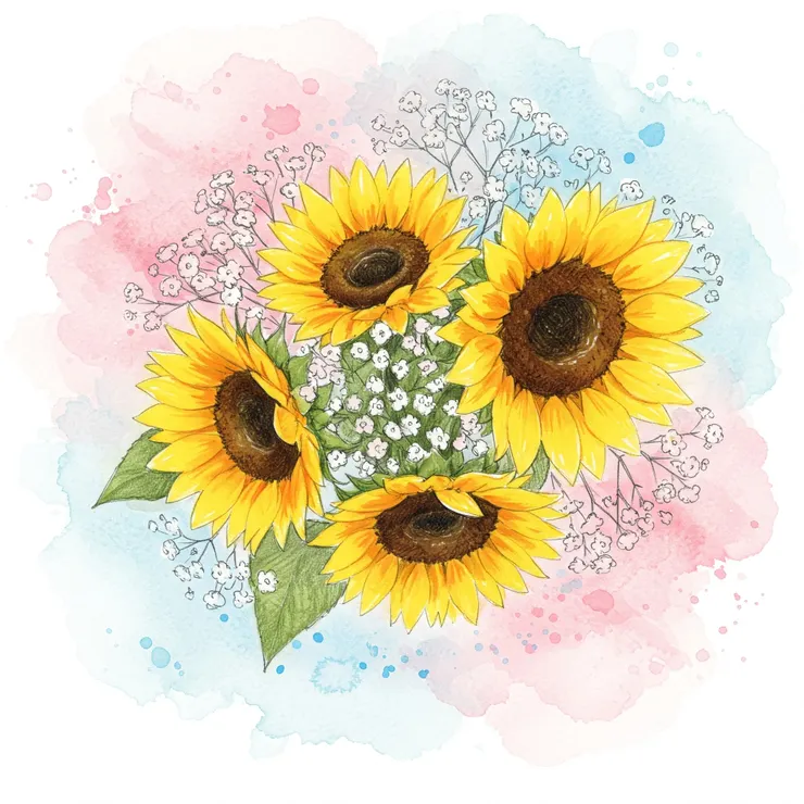 向日葵代表著陽光和活力，滿天星則象徵著純潔和愛意。