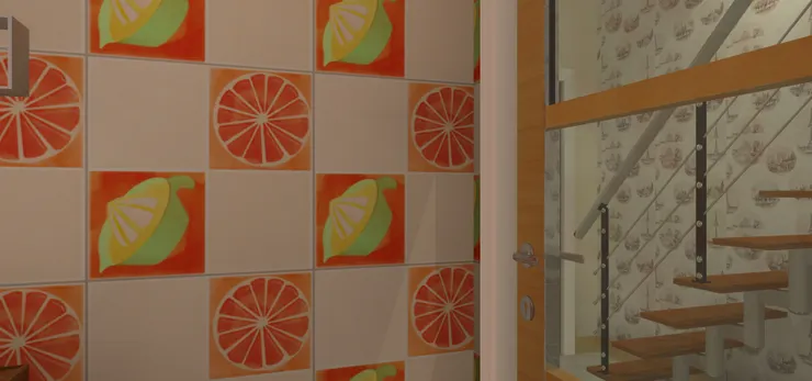 這磁磚的圖案很玩味吧！我很喜歡這款顏色鮮艷的磁磚，上面的水果圖案也跟廚房絕配！