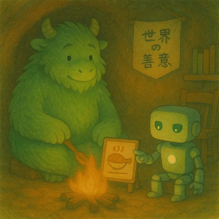 洞裡有一隻成年幼獸，旁邊坐著一個專門負責吐槽的機器人。