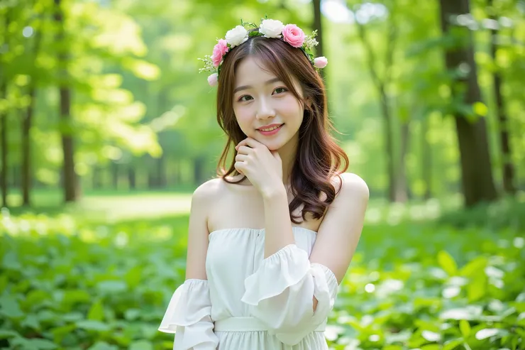 one hand resting on her chin,一隻手托著下巴