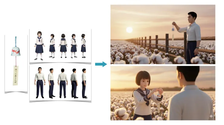 三張白色背景圖片搭配提示詞，生成兩張高度一致性的圖片