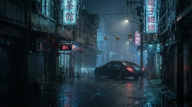 宜蘭夜間街頭,雨水反射著霓虹燈光,一輛黑色轎車緩緩駛過,營造出獨特的賽博龐克氛圍。