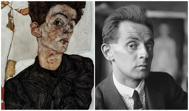 「奧地利表現主義」畫家埃貢·席勒（Egon Schiele 1890-1918)，右為照片中的席勒；左為席勒自畫像