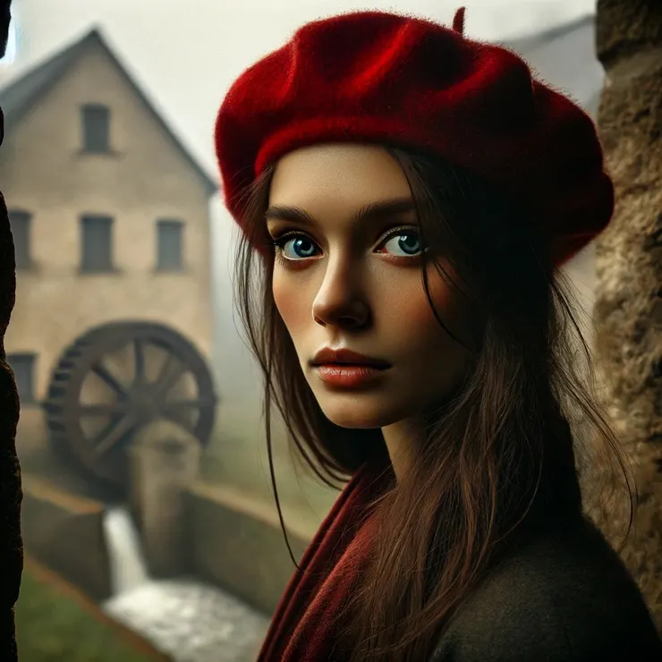 Here is the image based on the story. It features Jane standing at the threshold of an old mill, wearing a red beret, which captures the somber yet hopeful mood of a moment of decision.