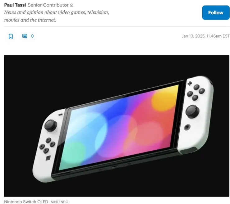 圖片及新聞英文原文出處https://www.forbes.com/sites/paultassi/2025/01/13/the-nintendo-switch-2-may-have-an-imminent-reveal-date-says-new-report/