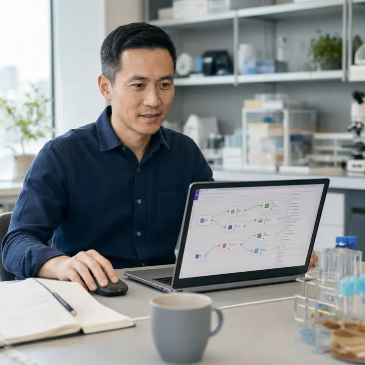 梁练伟专注操作笔记本，演示自动化工具配置，展示实践步骤。