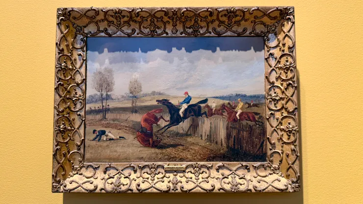 發現有拍了一張摔下馬的作品《A Steeplechase at Market Harborough, Leicestershire:  Bad Fall at Paling Fence》