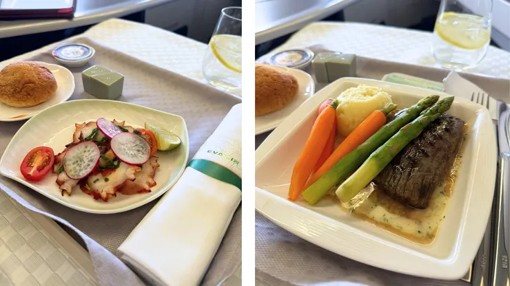 (左)前菜章魚沙拉;(右)主餐烤牛排