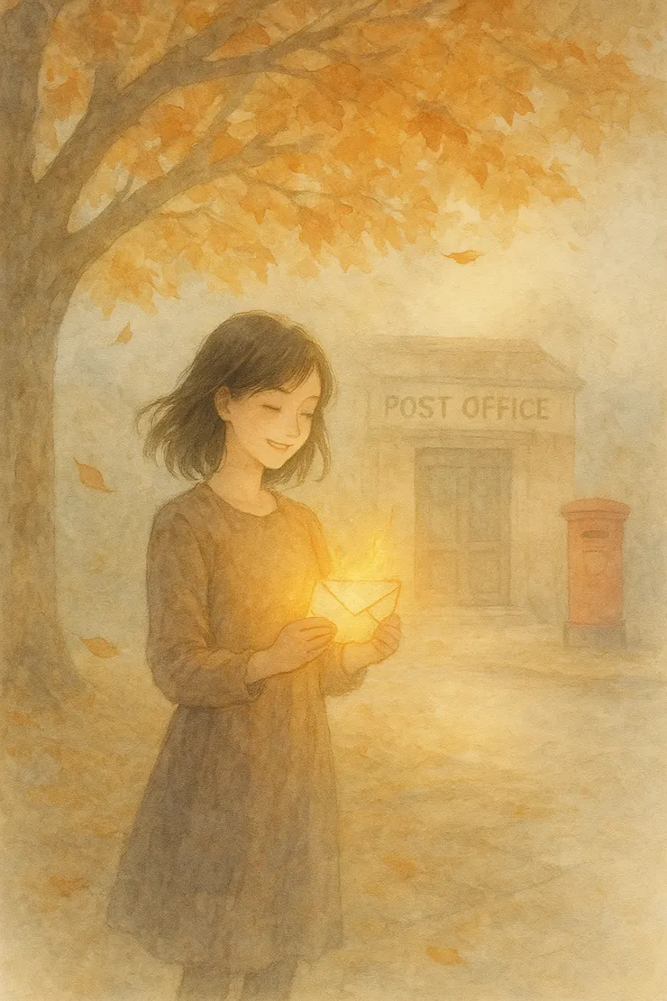 最終章:秋葉紛飛,信封燃燒成光,霧氣散去,少女微笑。〈本示意圖由AI協助生成。〉