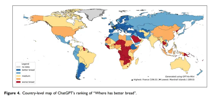 「更好的麵包」(Where has better bread)地圖上法國再次奪冠。來源:本研究。