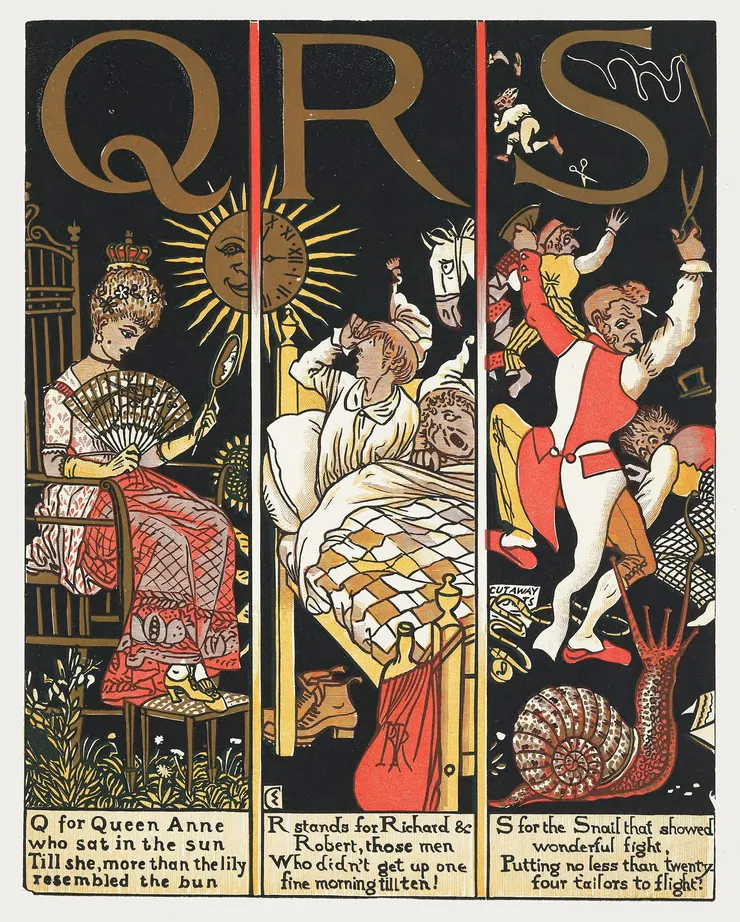《The Absurb ABC》by Walter Crane 1874 插圖設計將平面化空間的概念發揮到極致，且沒有規則的空間佈局。