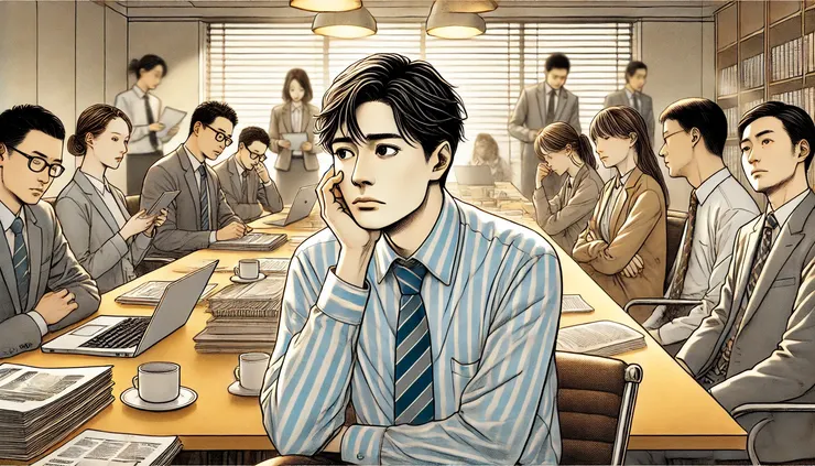 一位中高齡上班族坐在會議室裡,神情略顯無奈,周圍同事忙著電腦和文件,象徵對職場文化的不滿。