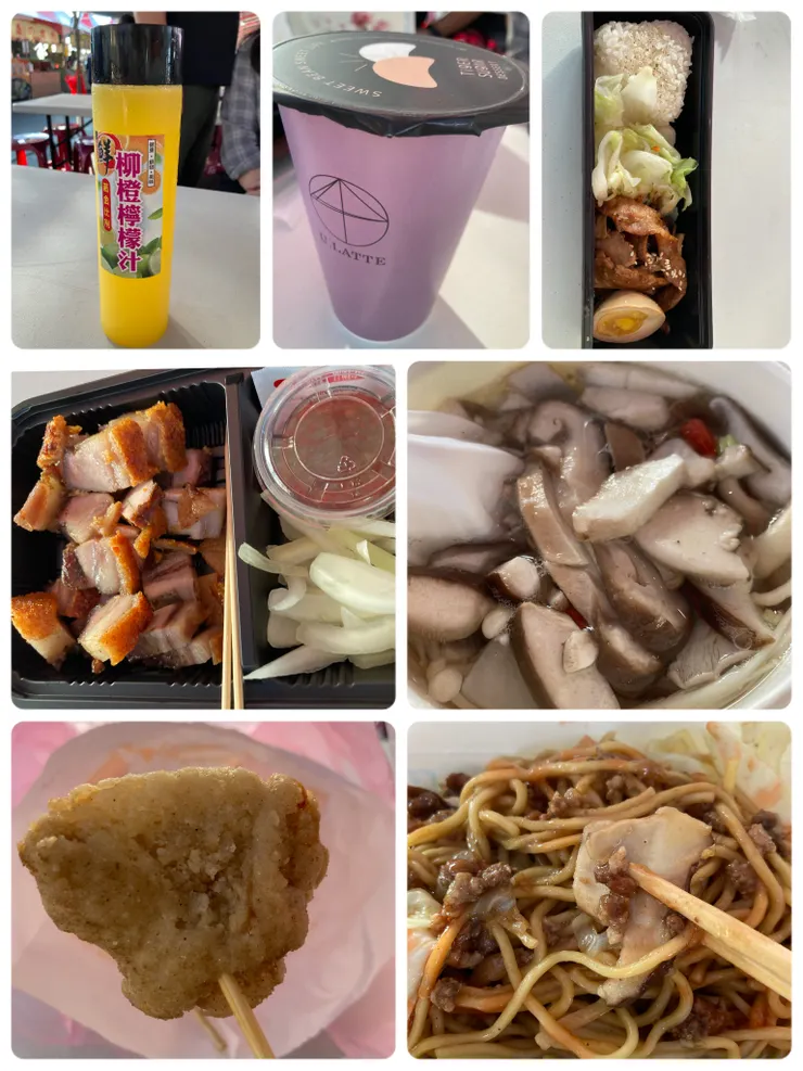 柳橙檸檬汁、新鮮芋頭牛奶、烤飯糰套餐、炒麵、炸綜合菇、香菇湯、香酥三層豬肉!每一樣都好好吃!