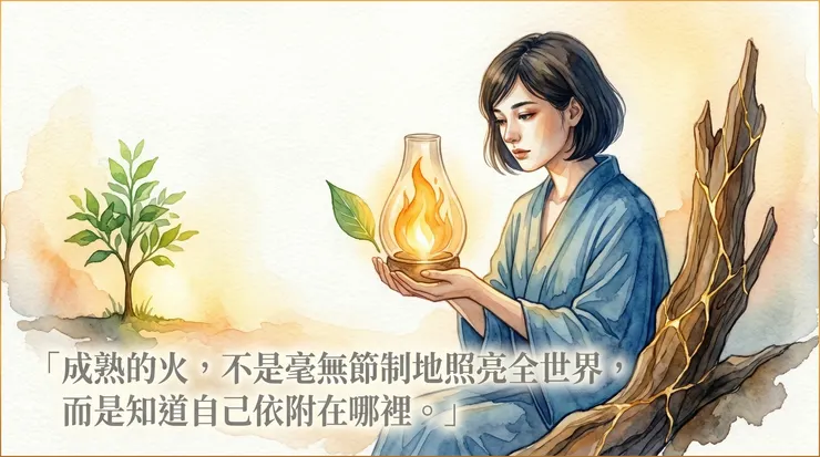  圖說：成熟的心理界線，不是拒絕發光，而是把向外擴張的火收回來，溫柔且節制地照亮自己的內在核心。