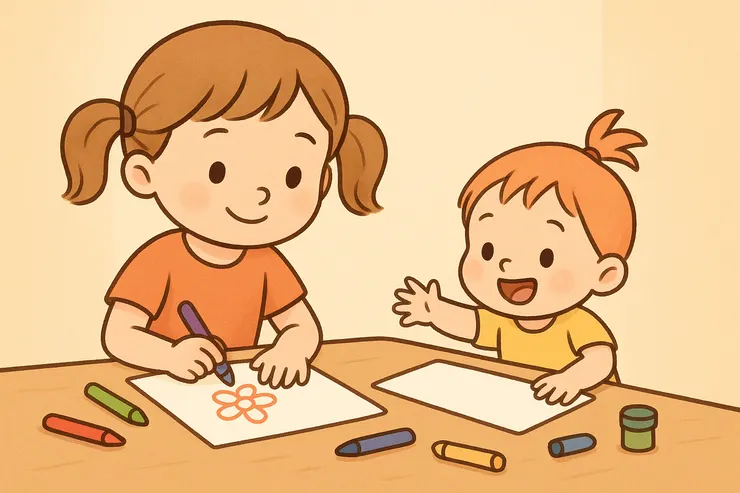 姊妹一起畫畫,妹妹看到姊姊畫,開心模仿,學會分享與合作。