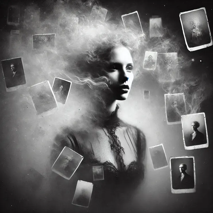 Strands of hair merged into the fog of the image, and the eyes—deep shadows with hints of lost clarity—stared past her, through her, as though pleading to be remembered.