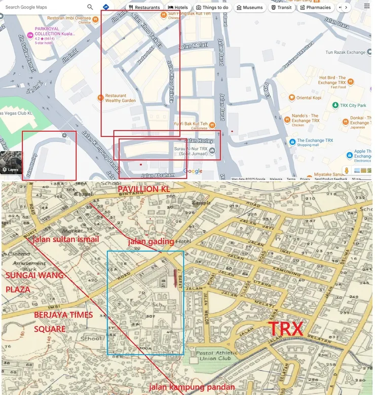 邱德懿路周圍地圖今昔比較。-Kuala Lumpur Map,Survey Dept., Federation of Malaya No. 65 - 1957;Google Map.